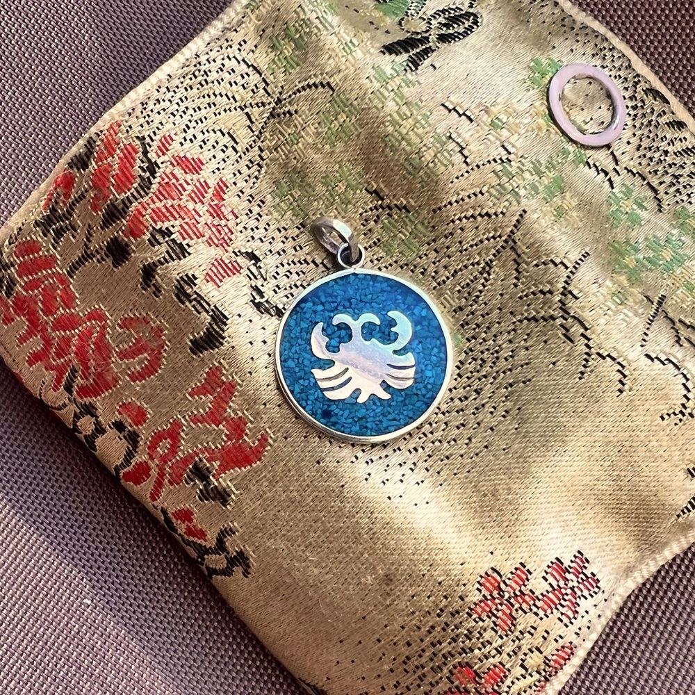 Cancer Crab Zodiac charm 925 sterling silver and turquoise colored stone inlay